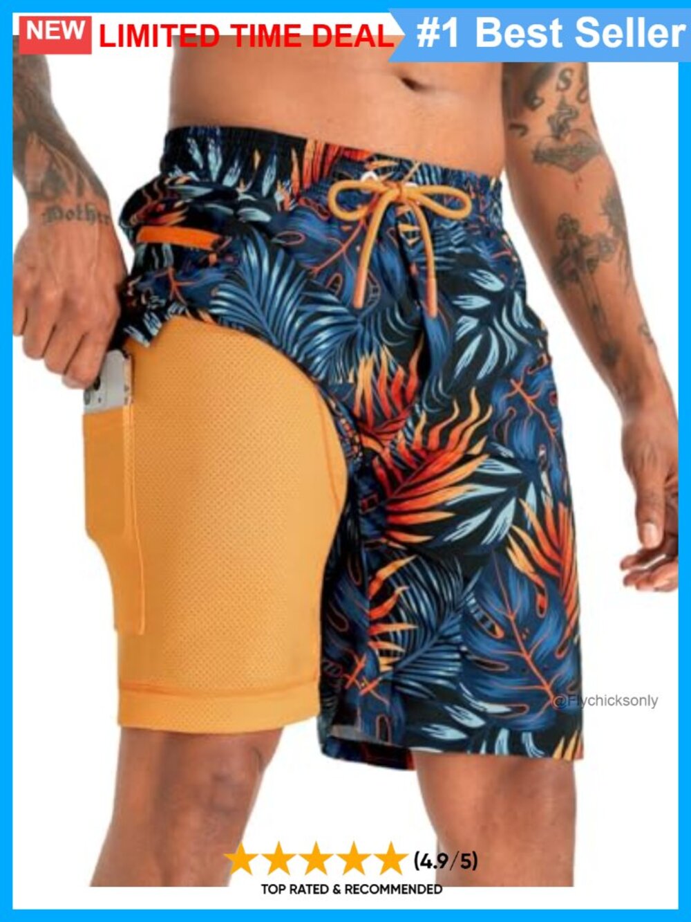 Men's 2 in 1 Swim Trunks 9" Zipper Pockets Board Shorts